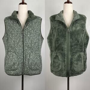 y2k Vintage Reversible Fleece Vest Full Zip Jacket Green Fluffy Pockets Faux Fur